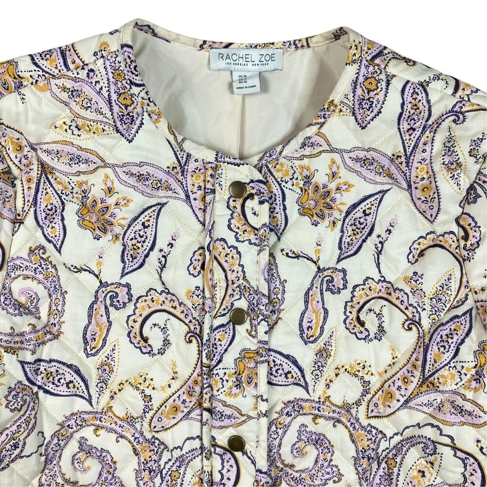 Rachel Zoe Puffer Jacket Womens XL Ivory Paisley Quilted Cotton Snap Front Boho